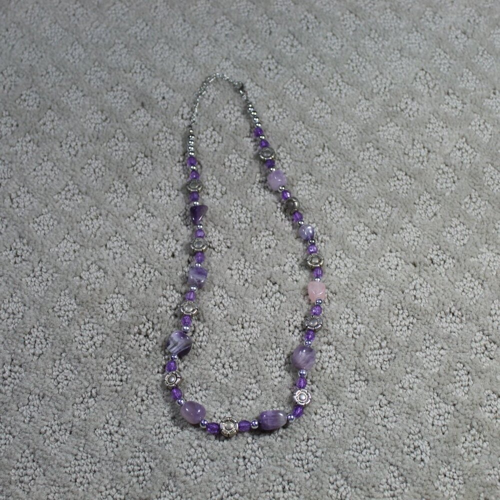 Amethyst, Pink Rose Quarts and Silver-toned Beaded 21" Necklace
